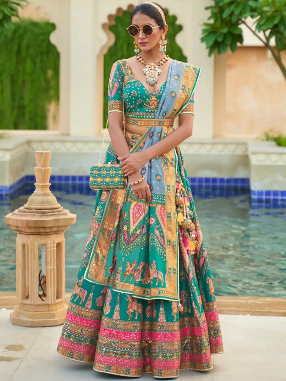 Teal Silk Mirror Work Lehenga with Procession Print